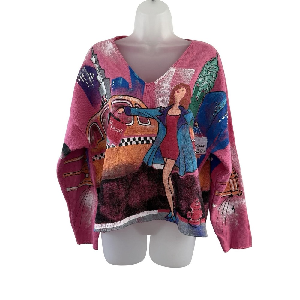Vintage Talk Of The Walk Sweater Womens 2 Pink NYC Taxi 5th Ave Graphic Pullover